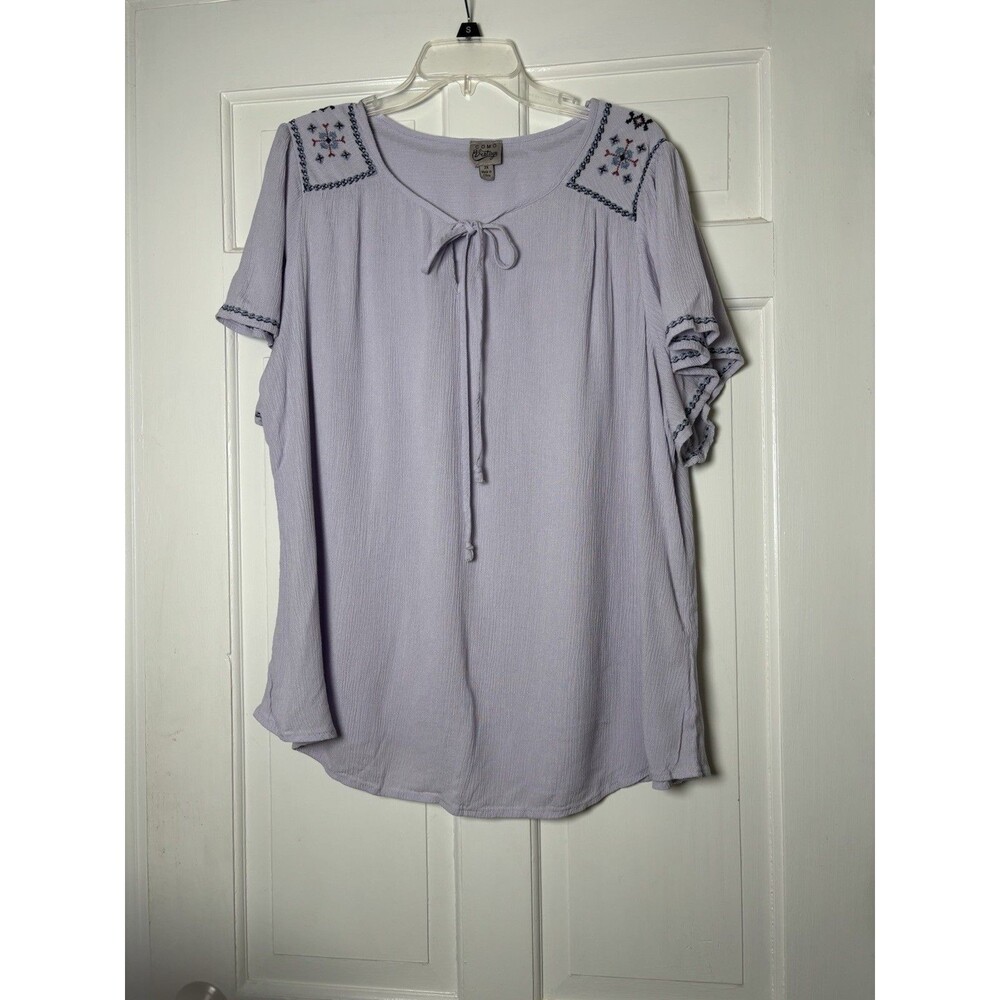 Como Vintage Lavender Embroidered Trim Tie V-Neck Cottagecore Boho Tunic 2XL